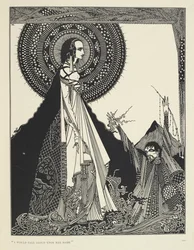 „Hangosan szólítanám a nevét.” Illusztráció a Ligeia című novellához. A „Ligeia” Edgar Allan Poe novellája. A történet egy névtelen elbeszélőről és feleségéről, Ligeiáról, egy gyönyörű és intelligens, hollófekete hajú nőről szól. A nő megbetegszik