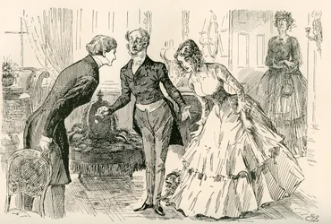 David találkozik Dorával és Miss Murdstone-nal. "Mr. Copperfield, Dora lányom és Dora lányom bizalmas barátja, Miss Murdstone!". Harry Furniss illusztrációja Charles Dickens David Copperfield-regényéhez, a The Testimonial Editionból, 19.