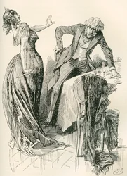 Edith és Mr. Carker. "A férfi vidáman közeledett feléje, amikor a nő egy pillanat alatt felkapta a kést az asztalról, és egy lépést hátrafelé indult. "Állj meg, különben megöllek!" Harry Furniss illusztrációja a Charles Dickens-regény