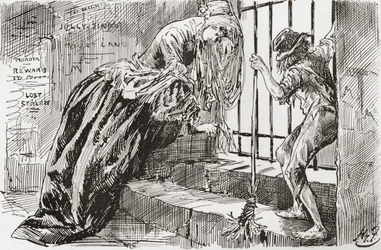 Lady Dedlock és Jo. – Odarakták – mondja Jo, a rácsokhoz kapaszkodva benéz, miközben Lady Dedlock összehúzódik a sarokba. Harry Furniss illusztrációja Charles Dickens Bleak House című regényéhez, a The Testimonial Editionból, 1910-ben.