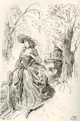 Haredale kisasszony. Harry Furniss illusztrációja Charles Dickens Barnaby Rudge című regényéhez, a The Testimonial Editionból, 1910-ben.