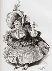 Mowcher kisasszony. Harry Furniss illusztrációja Charles Dickens David Copperfield című regényéhez, a The Testimonial Editionból, 1910-ben.