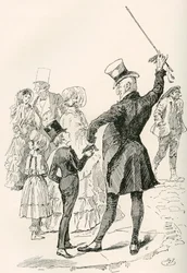 Mr. Micawber hazaviszi Davidet. "Együtt sétáltunk a házunkhoz, Micawber úr az utcák neveit és a sarokházak formáit nyűgözte le rám, ahogy haladtunk." Harry Furniss illusztrációja Charles Dickens David Copperfield-regényéhez