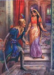 Rámát megpillantva előre sietett. Ráma és Szítá kalandjaiból, illusztráció a "Childrens Stories from Indian Legends" című kötetből, 1930-as évek (színes litográfia).