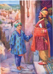 A nagyvezír meghallgatást kért. A fiú, aki látta a lépéseket, illusztráció a "Childrens Stories from Indian Legends" című kötetből, 1930-as évek (színes litográfia).