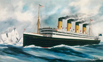 A Titanic (1912) személyszállító hajó útban az Atlanti-óceán északi részén, jéghegyek mellett halad el.