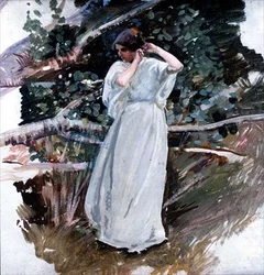 Fiatal nő hosszú fehér ruhában (panel)