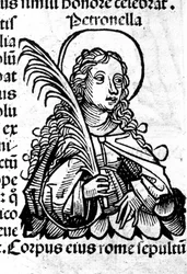 Szent Petronilla portréja. Xilográfia Hartmann Schedel „Nürnbergi krónikái” után. Nürnberg 1497