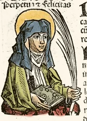 Szent Perpetuus ábrázolása, mártíromság Karthágóban. Hartmann Schedel xilográfiája „” Nürnbergi krónikák”” 1493.