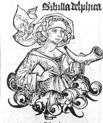 A delphoi Pythia ábrázolása. Xilográfia a „Liber chronicarum”-ból, Hartmann Schedel, Nürnberg 1497