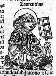 Saint Laurent a kezében tartja a rácsot, vértanúságának eszközét. Metszet Hartmann Schedel „Liber Chronicarum” című művéből