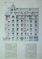 A „Castel-Beranger” homlokzata és alaprajza, illusztráció Hector Guimard (1867-1942) könyvéből (színes litó)