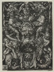 Dísztervezés maszkkal, néhány tritonnal és két gyerekkel lent, 1549.