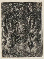 Díszrajz maszkkal és sassal két faun között lent, 1509.