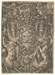 Díszrajz maszkkal és sassal két faun között lent, 1549.