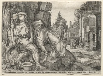Példabeszéd az irgalmas szamaritánusról: Az irgalmas szamaritánus, aki szamárra ülteti az utazót, 1554.
