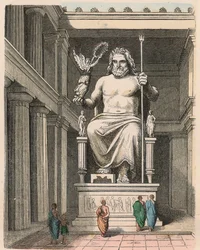 Az ókori Görögország: Zeusz szobor az olimpiai templomban - Phidias szobra, kb. Kr.e. 440/30 a világ hét csodájának egyike