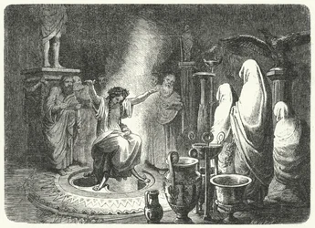 Pythia, a delphoi Apollón-templom főpapnője (metszet)