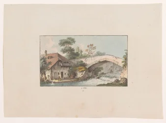 Kilátás egy házra egy híd mellett Orbe-ban à Orbe (cím a tárgyon) Svájc kilátásai (sorozat címe) Collection de quelques vues dessinées en Suisse d
