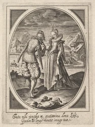 Egy férfi egy nő felé lép, aki serleget tart a szájához, vízimalmot és hegyet..., kb. 1585-1621.