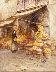 Gyümölcsbódé a Campanile lábánál, San Giovanni Elemosinario, a Rialto közelében, Velence,