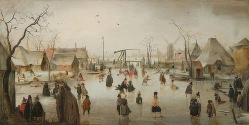 Korcsolyázás egy városban. 1610 körül