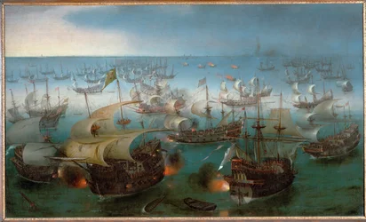 Tengeri csata a spanyol armada és az angol tengeri erők között (olaj, vászon)