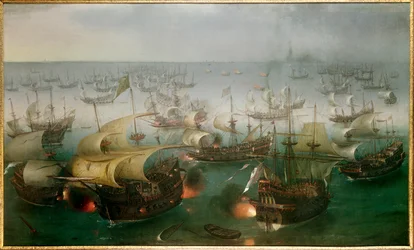 A legyőzhetetlen Armada az angol flotta ellen: „Az Armadával vívott csata 7. napja, 07/08/1588”, Hendrick Cornelisz Vroom (1566-1640) festménye