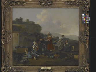 Zöldségpiac Olaszországban figurákkal (olaj, vászon)