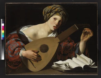Fiatal nő lantot hangoló, 1626-27 körül