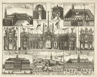 Blad met tien voorstellingen van de intocht van de Kardinaal Infant Ferdinand te Antwerpen, 1635 Specimina magnificentiorum in civitate Antverpiensi locorum et operum (title on object)   1357357   hu       hungarian Successfully Translated  Original: Cardi