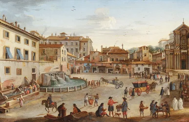 Róma, a Palazzo Barberini látképe sok alakkal (olaj, réz)