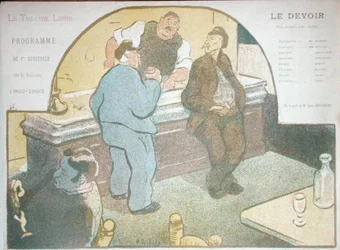 Az 1892–1893-as évad programja a párizsi Theatre Libre-ben a „Le Devoir” című darabhoz, amely egy bárban italozó férfiakat mutat be (színes litho)