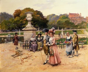 Elegáns figurák sétálnak a parkban (olaj, tábla)