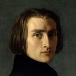 Franz Liszt (1811-1886) magyar zeneszerző és zongoraművész portréja (1839). Az arc részlete. Henri Lehmann (Karl Ernest (Ernst) Rudolf Heinrich Salem dit) (1814-1882) festménye. Párizs, Musée Carnavalet.