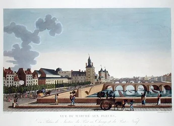 Kilátás a virágpiacra a Palais de Justice mellett, 1816-20 körül (színes metszet)