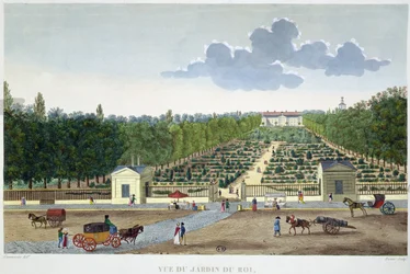 A párizsi Jardin du Roi látképe az Austerlitz hídról, Claude Fortier (1775-1835) metszete (színes metszet)