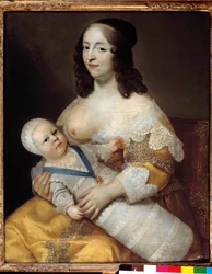 A leendő XIV. Lajos király (1638-1715) baba ábrázolása, fürdőruhában, ápolónője, Marie de Longuet de la Giraudiere karjában. A nő mellét felfedezték, és készen áll a gyermek szoptatására. Károly (1604-1692) és Henri (1603-1677) festménye