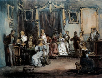 Egy este a Madame X társasági találkozón egy párizsi nő szalonjában. Henry Monnier (1805-1877) akvarellje 19. század