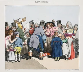 Illusztráció a „Londres”-ból, Henri Monnier, kocsma. Párizs, 1828 körül (kézzel színezett litó)