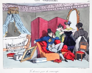 Az özvegység utolsó napja, illusztráció Henri Monnier „Les Marionnettes” című művéből, Delpech litográfiája, pub. Párizs, 1828 körül (kézzel színezett litó)