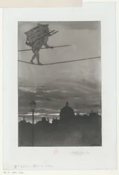 Kötéljáró csomaggal a hátán egy város felett Címlap ehhez: Henri Béraldi, Les Graveurs du XIXe siècle (...), 1888