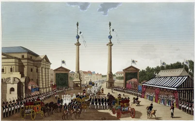 A Saint-Denis-i sorompó a kulcsok átadásakor XVIII. Lajosnak 1814. május 3-án - Courvoisier 1827-es "Vues de Paris" című művében.