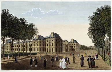 Kert és Palais du Luxembourg a kis Luxemburg teraszáról nézve. Courvoisier metszet