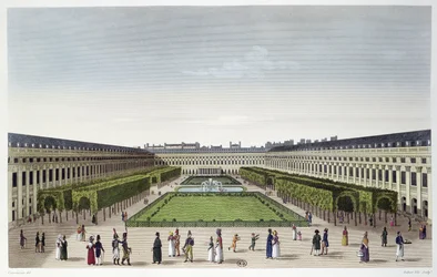 Kilátás a Palais Royal kertjére, a Galeries de Bois-ból nézve, Aubert Fils metszetében, 1815-20 körül