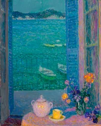 Virágcsokor az ablaknál, Villefranche sur mer - Virágcsokor az ablakon, Villefranche-sur-Mer - Henri Le Sidaner (1862-1939) festménye