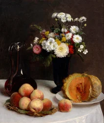 ""Csendélet egy kancsó borral, virágokkal és gyümölccsel"" Őszibarack és dinnye festmény, Henri Fantin-Latour (1836-1904) 1865 National Museum of Western Art, Tokió, Japán
