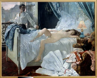 Rolla. Egy pár egy hálószobában, a nő meztelenül alszik, a férfi pedig az ablaknál nézi őt. Henri Gervex (1852 - 1929) festménye. 1878. Méretek: 1,75 x 2,20 m. Musée des Beaux-Arts de Bordeaux