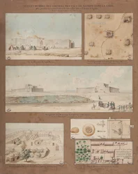 Hat nézet és rajz a líbiai Natron-tóról, az Andreossy tábornok vezette egyiptomi hadsereg felderítő küldetése során készült, 1799 (toll, tinta és wc papíron)