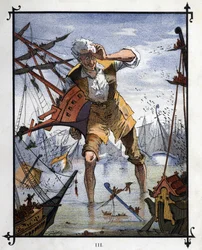 Lemuel Gulliver a Lilliput és Blefuscu hajói közötti tengeri csata közepén. Illusztráció a Gulliver utazásaihoz, Jonathan Swift (1667-1745)